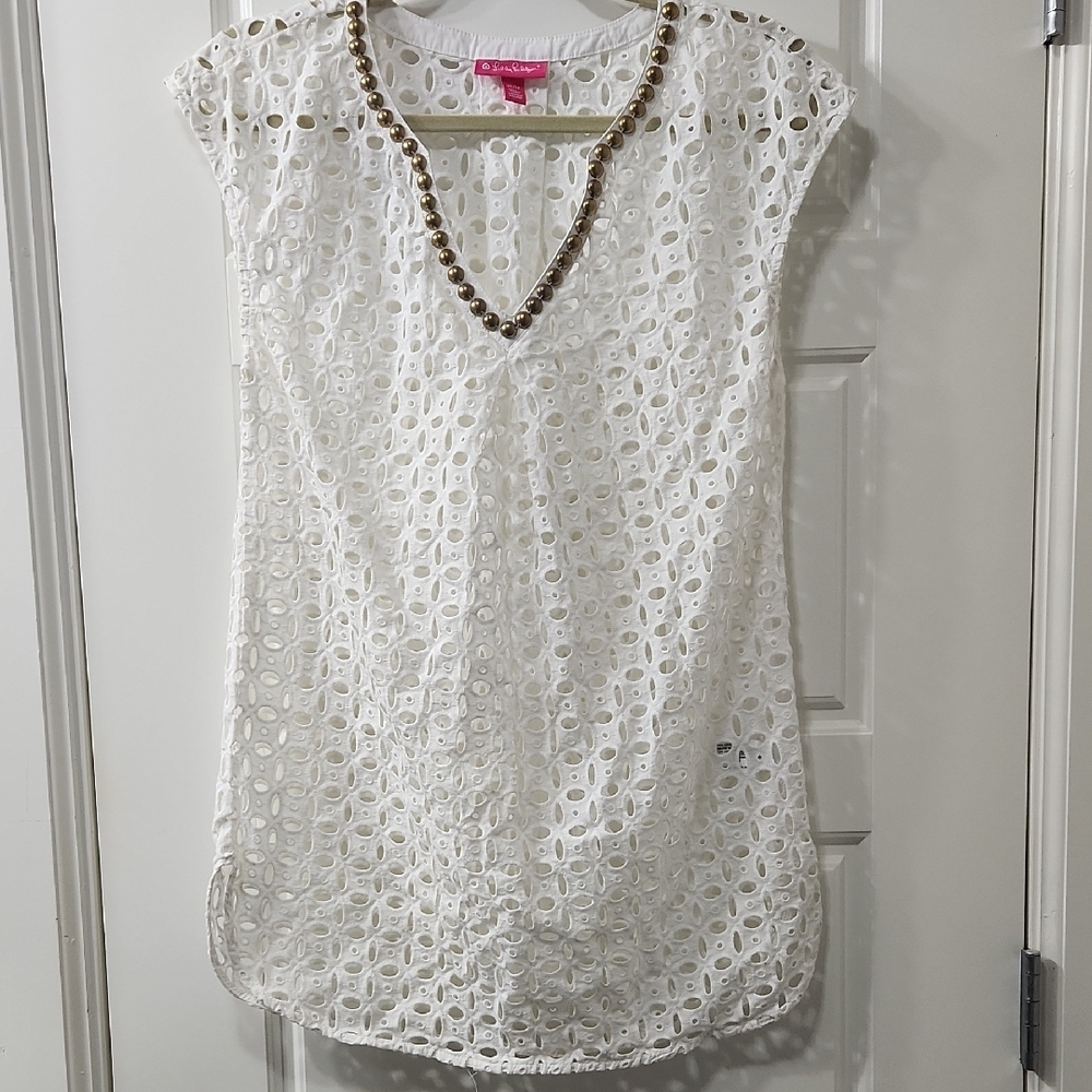 Lilly Pulitzer For Target White Eyelet Swim Cover with Gold Studs